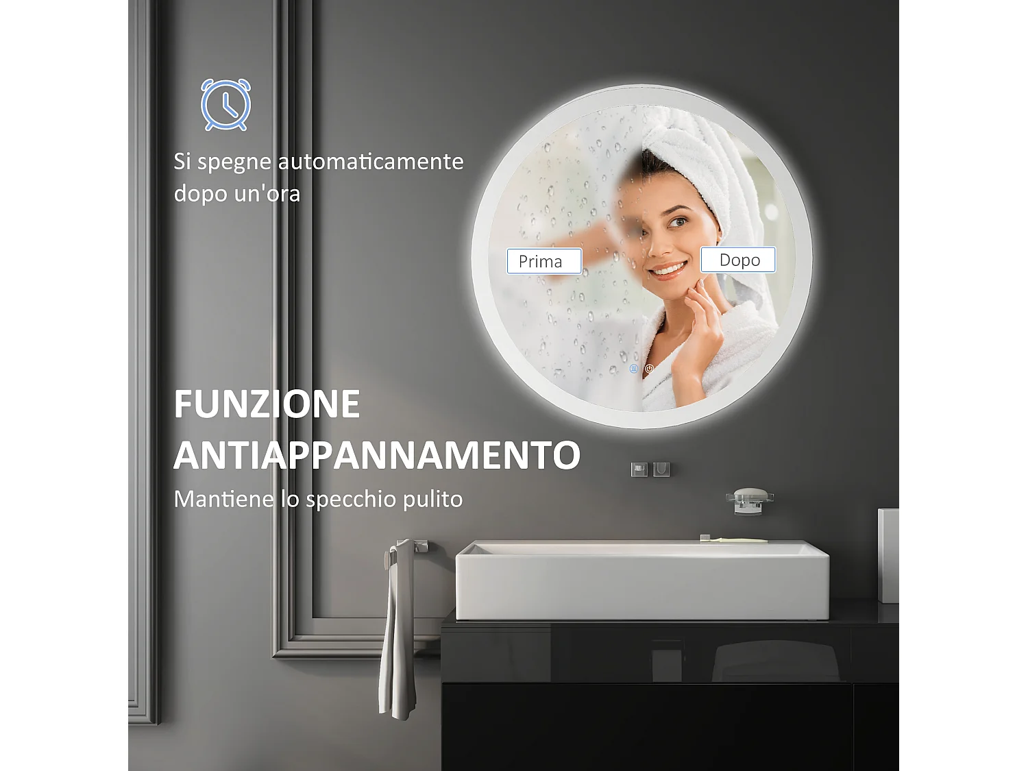 Specchio bagno illuminato regolabile e antiappannamento Ø60cm