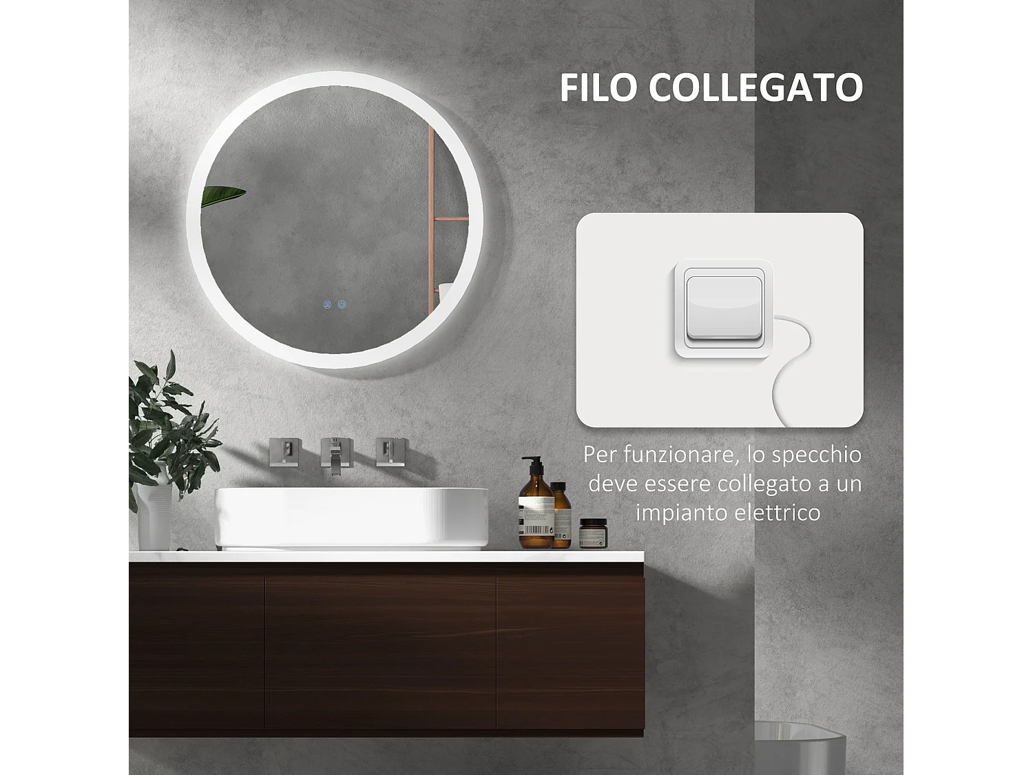 Specchio bagno illuminato regolabile e antiappannamento Ø60cm