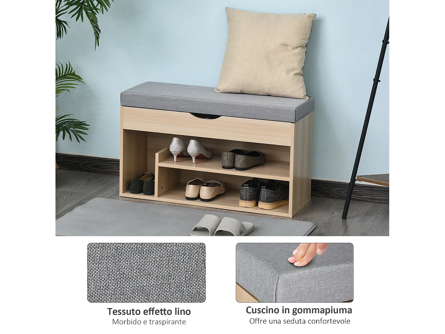 Scarpiera 2 in 1 con panca imbottita e vano nascosto in legno