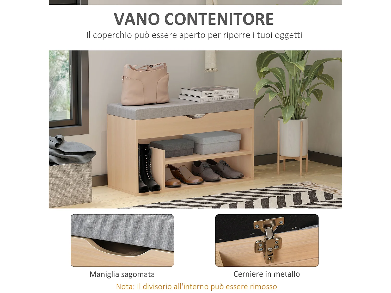 Scarpiera 2 in 1 con panca imbottita e vano nascosto in legno