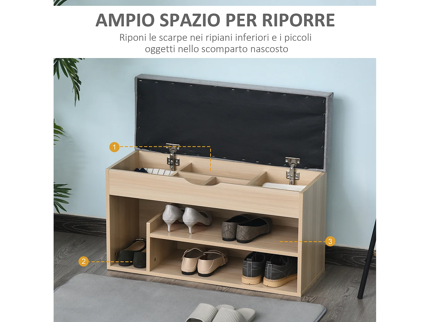 Scarpiera 2 in 1 con panca imbottita e vano nascosto in legno