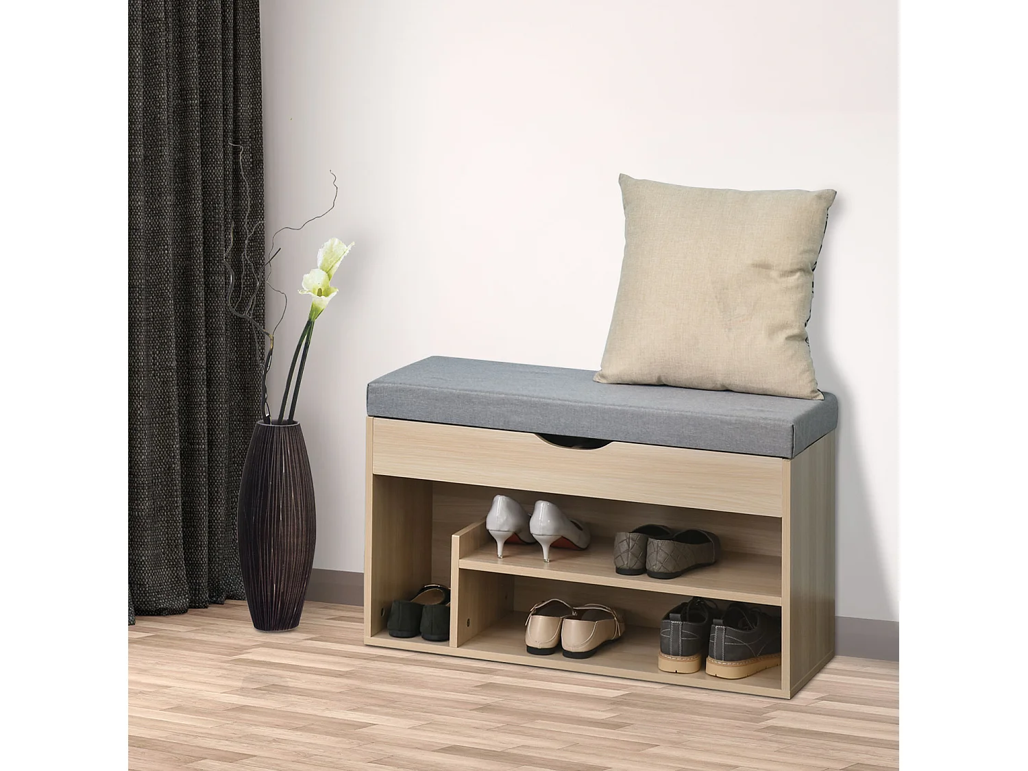 Scarpiera 2 in 1 con panca imbottita e vano nascosto in legno