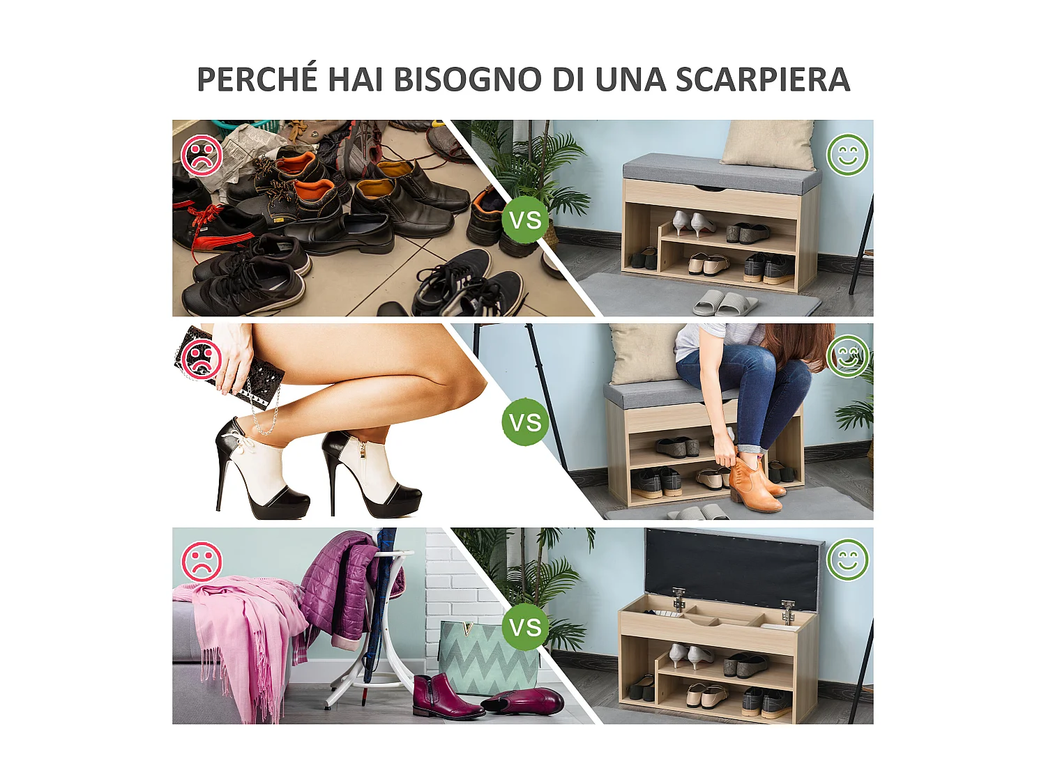 Scarpiera 2 in 1 con panca imbottita e vano nascosto in legno