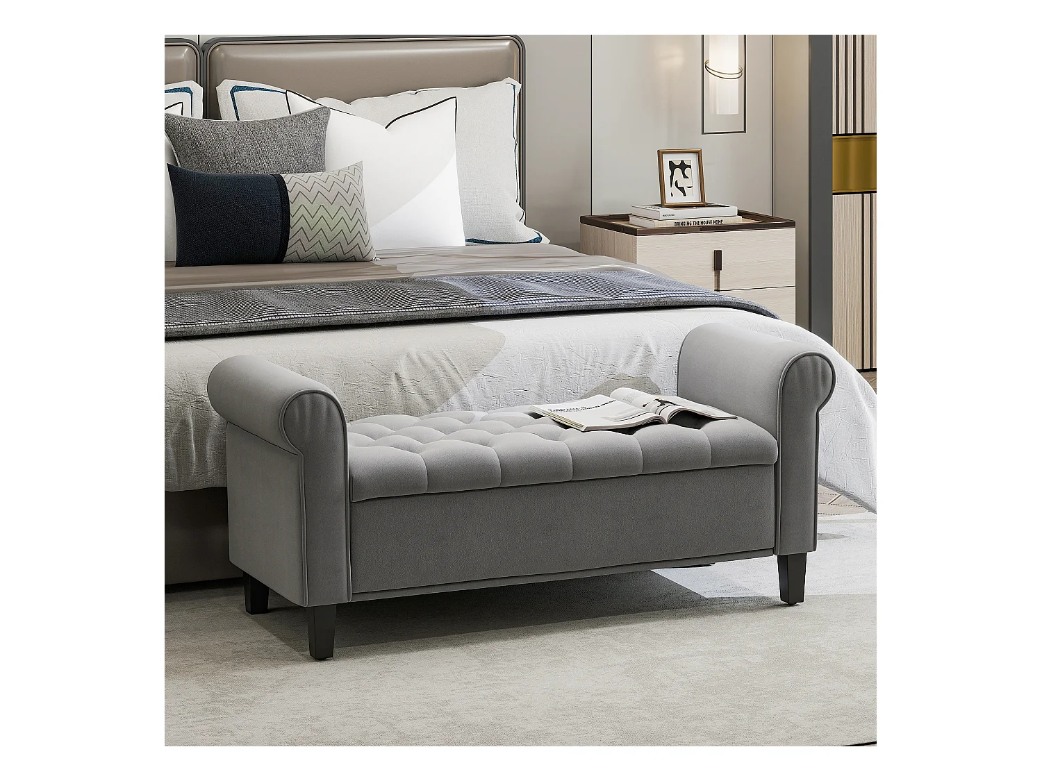 Panca fondo letto con spazio portaoggetti braccioli arrotolati