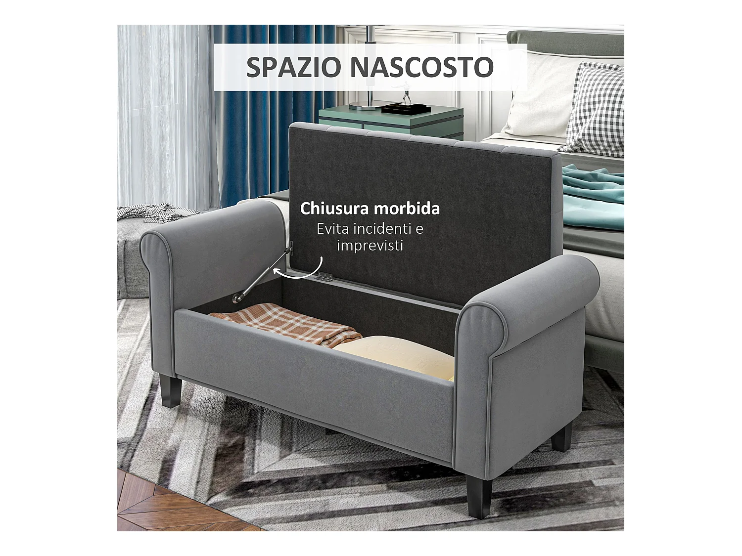 Panca fondo letto con spazio portaoggetti braccioli arrotolati