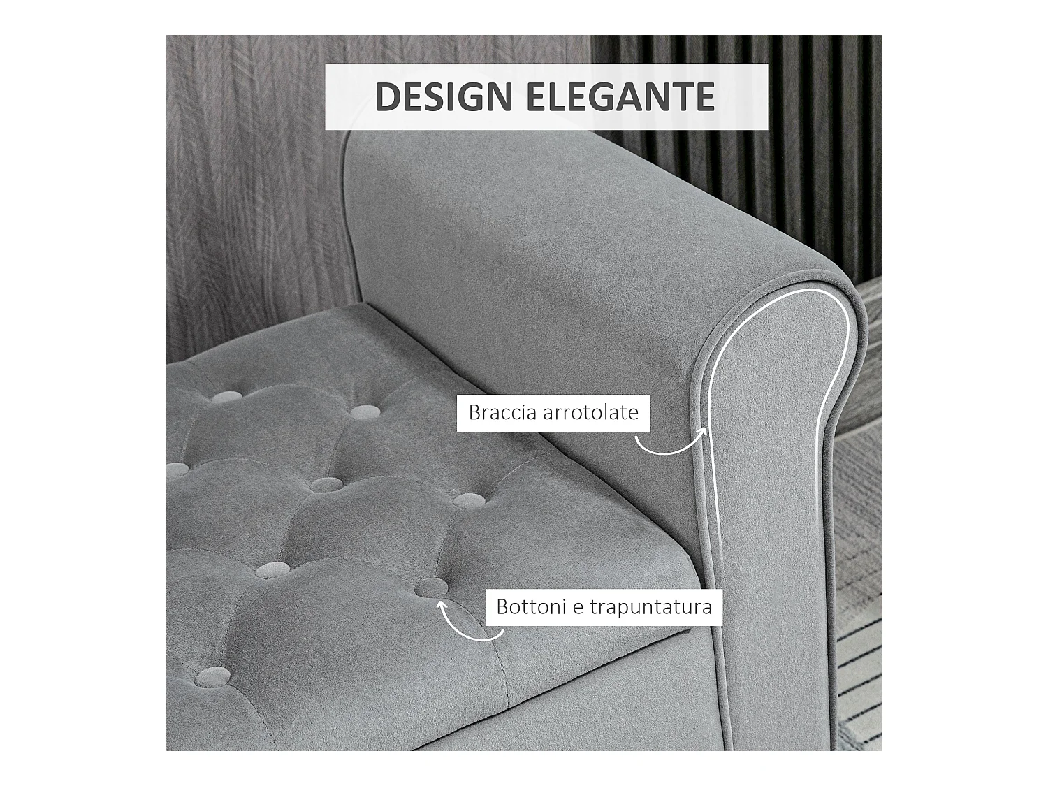 Panca fondo letto con spazio portaoggetti braccioli arrotolati