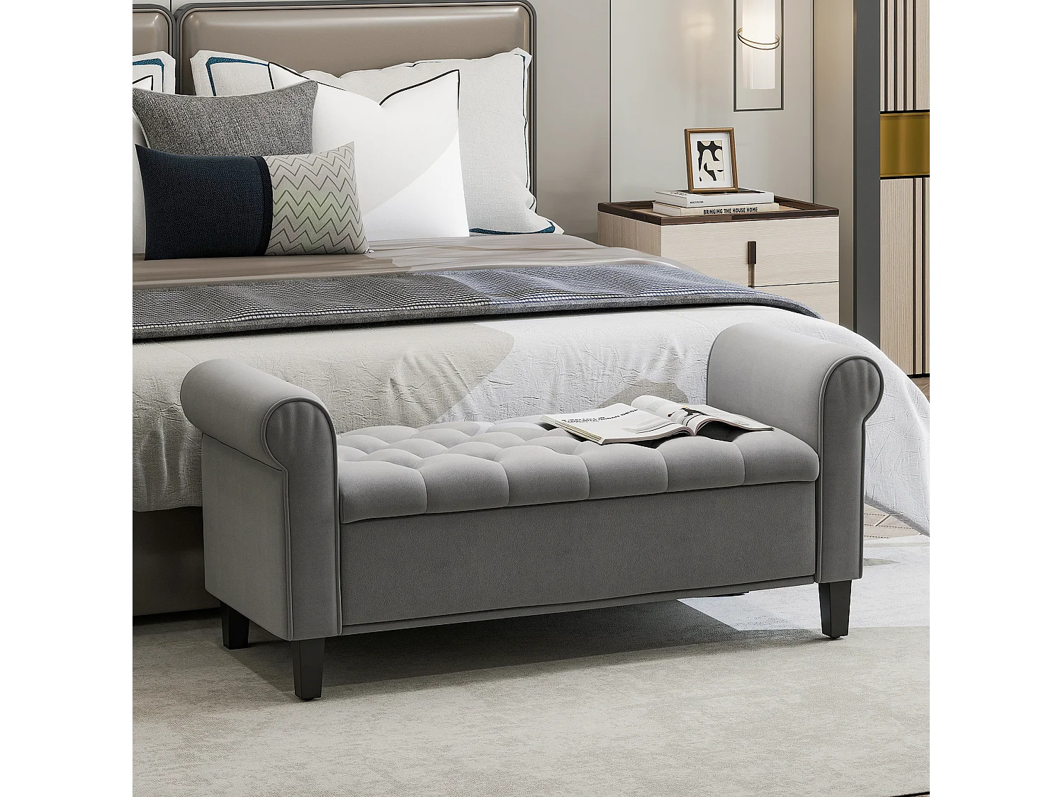 Panca fondo letto con spazio portaoggetti braccioli arrotolati