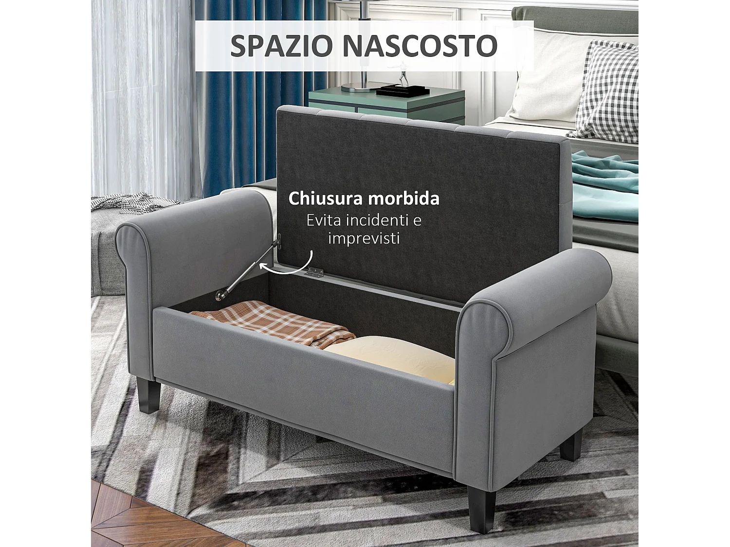 Panca fondo letto con spazio portaoggetti braccioli arrotolati