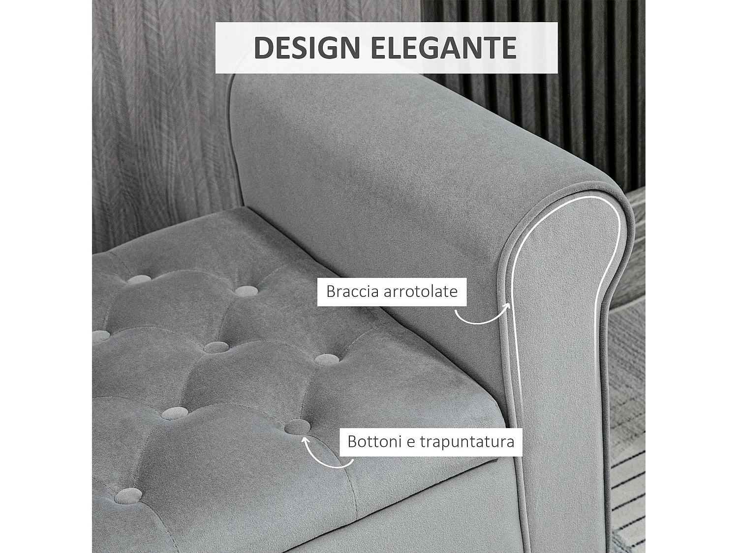 Panca fondo letto con spazio portaoggetti braccioli arrotolati