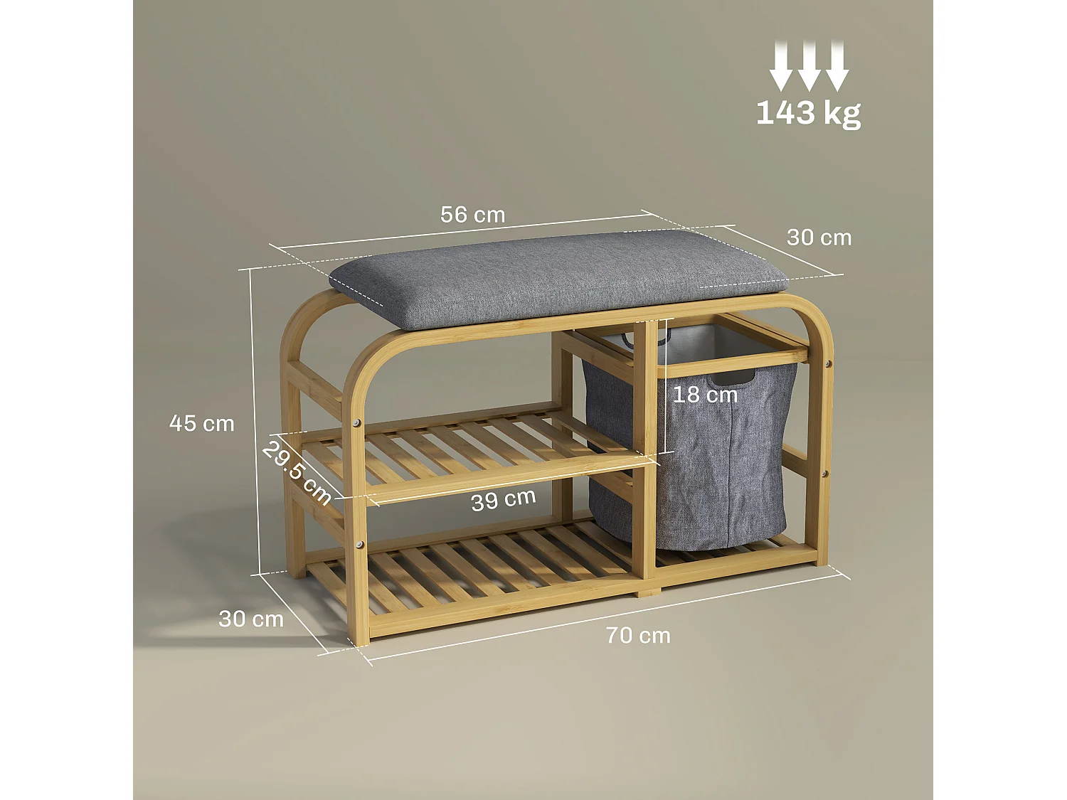 Panca scarpiera a doghe con cesta e imbottitura in legno
