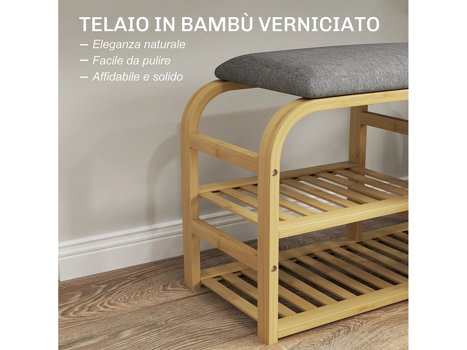 Panca scarpiera a doghe con cesta e imbottitura in legno