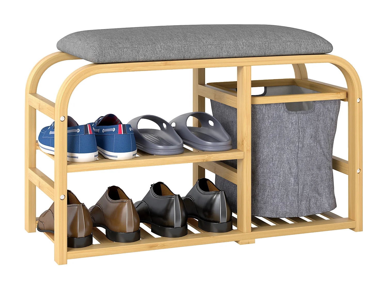 Panca scarpiera a doghe con cesta e imbottitura in legno