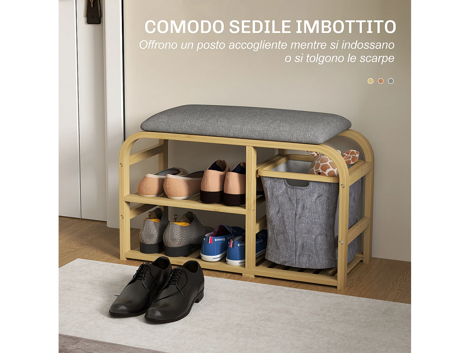 Panca scarpiera a doghe con cesta e imbottitura in legno