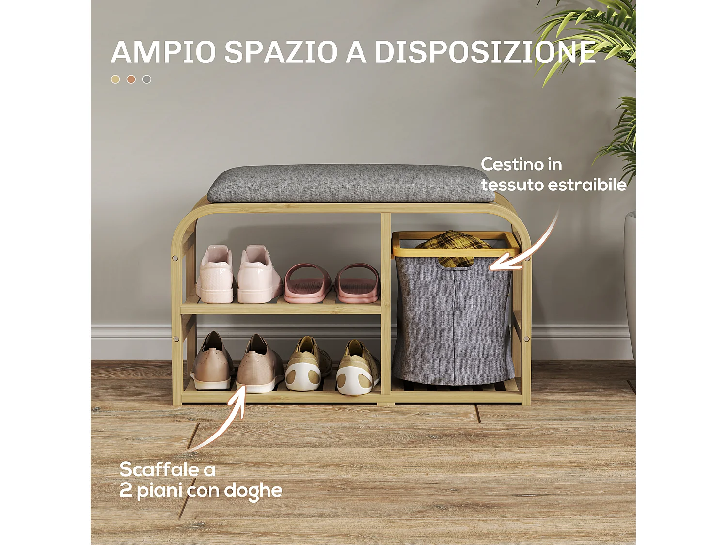 Panca scarpiera a doghe con cesta e imbottitura in legno