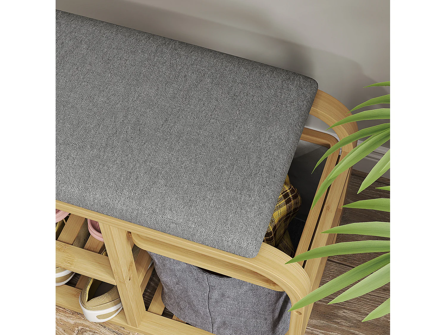 Panca scarpiera a doghe con cesta e imbottitura in legno