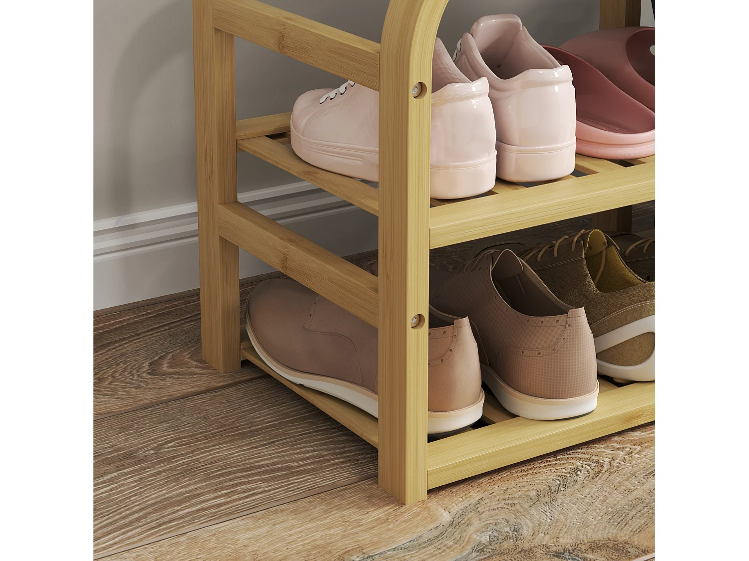 Panca scarpiera a doghe con cesta e imbottitura in legno