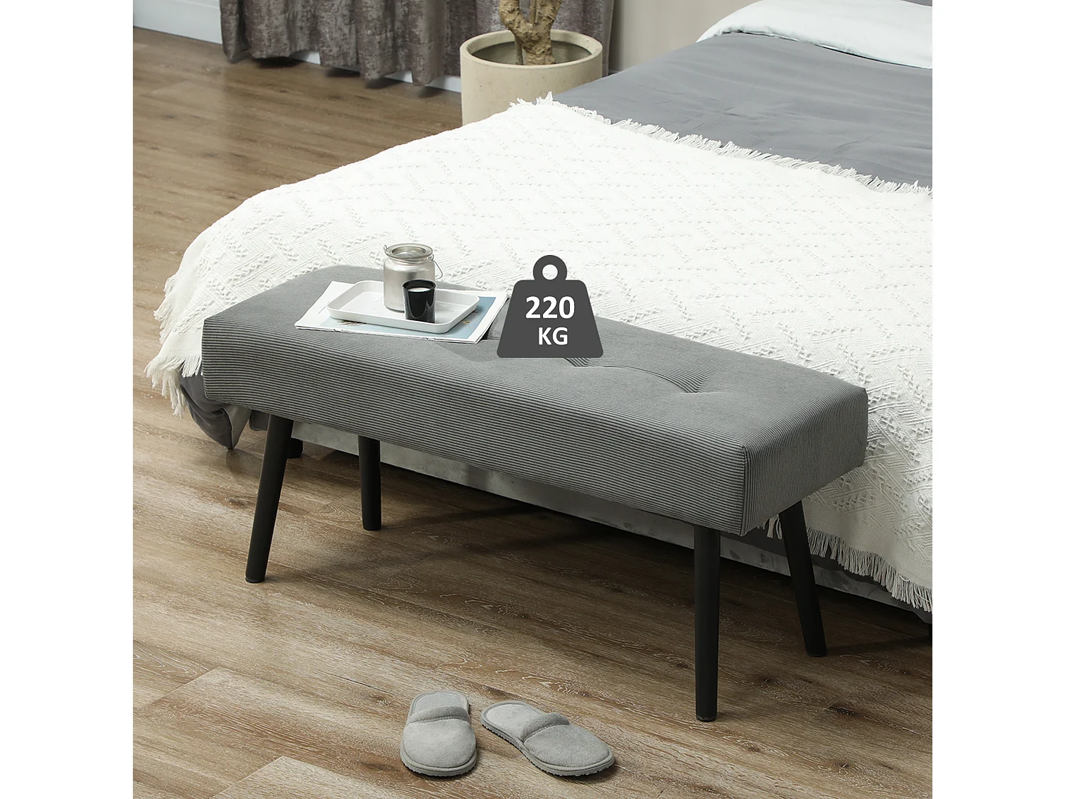Panca fondo letto in tessuto vellutato a coste 100x36x45 cm grigio