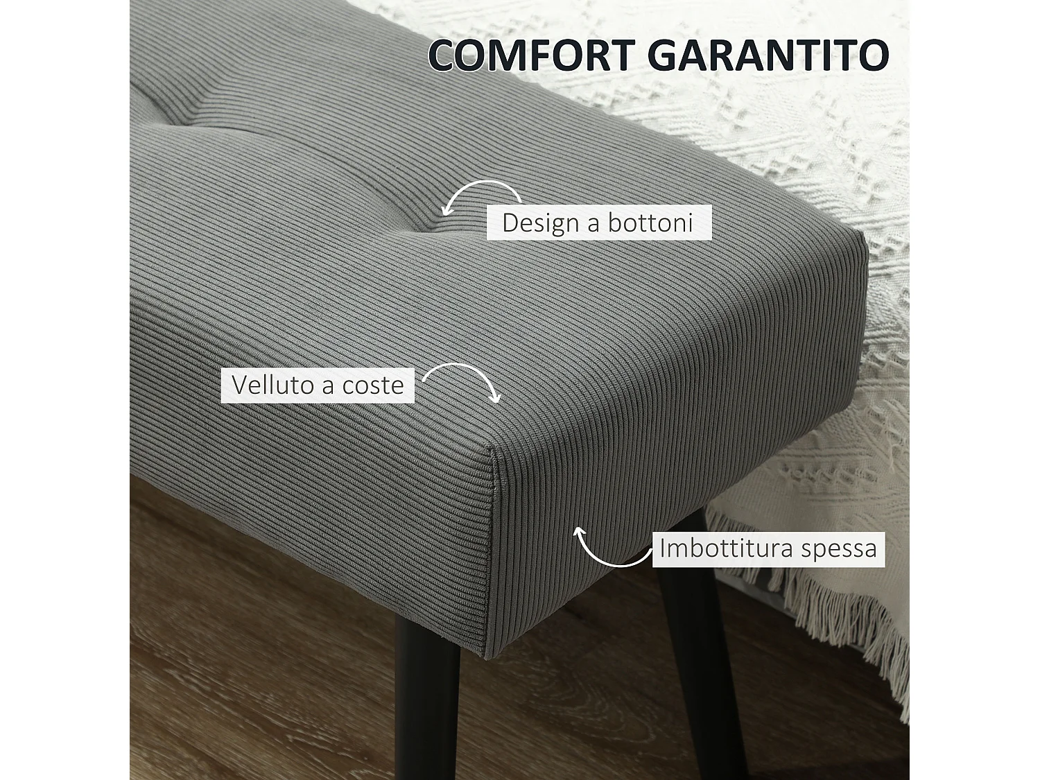 Panca fondo letto in tessuto vellutato a coste 100x36x45 cm grigio