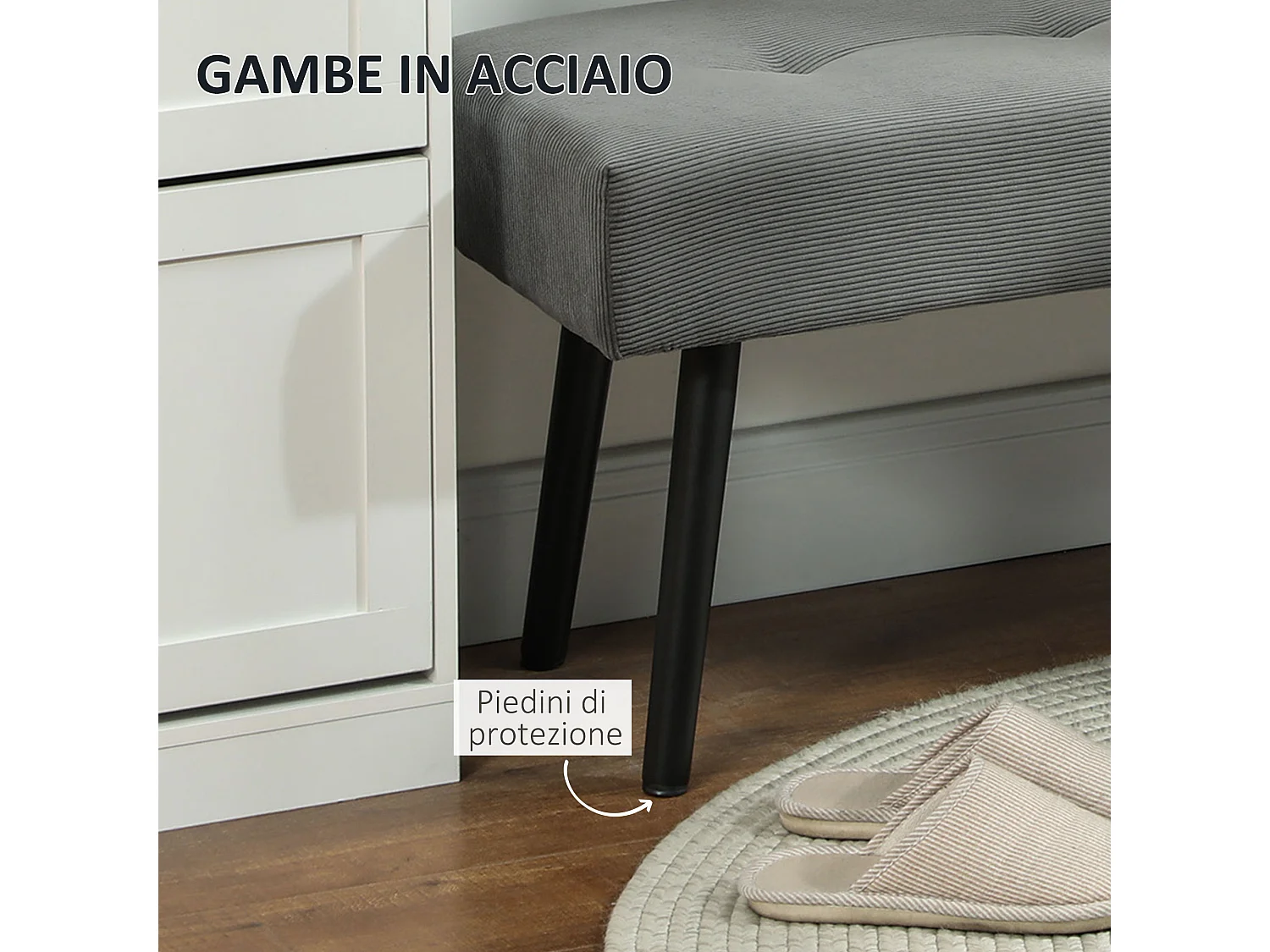 Panca fondo letto in tessuto vellutato a coste 100x36x45 cm grigio