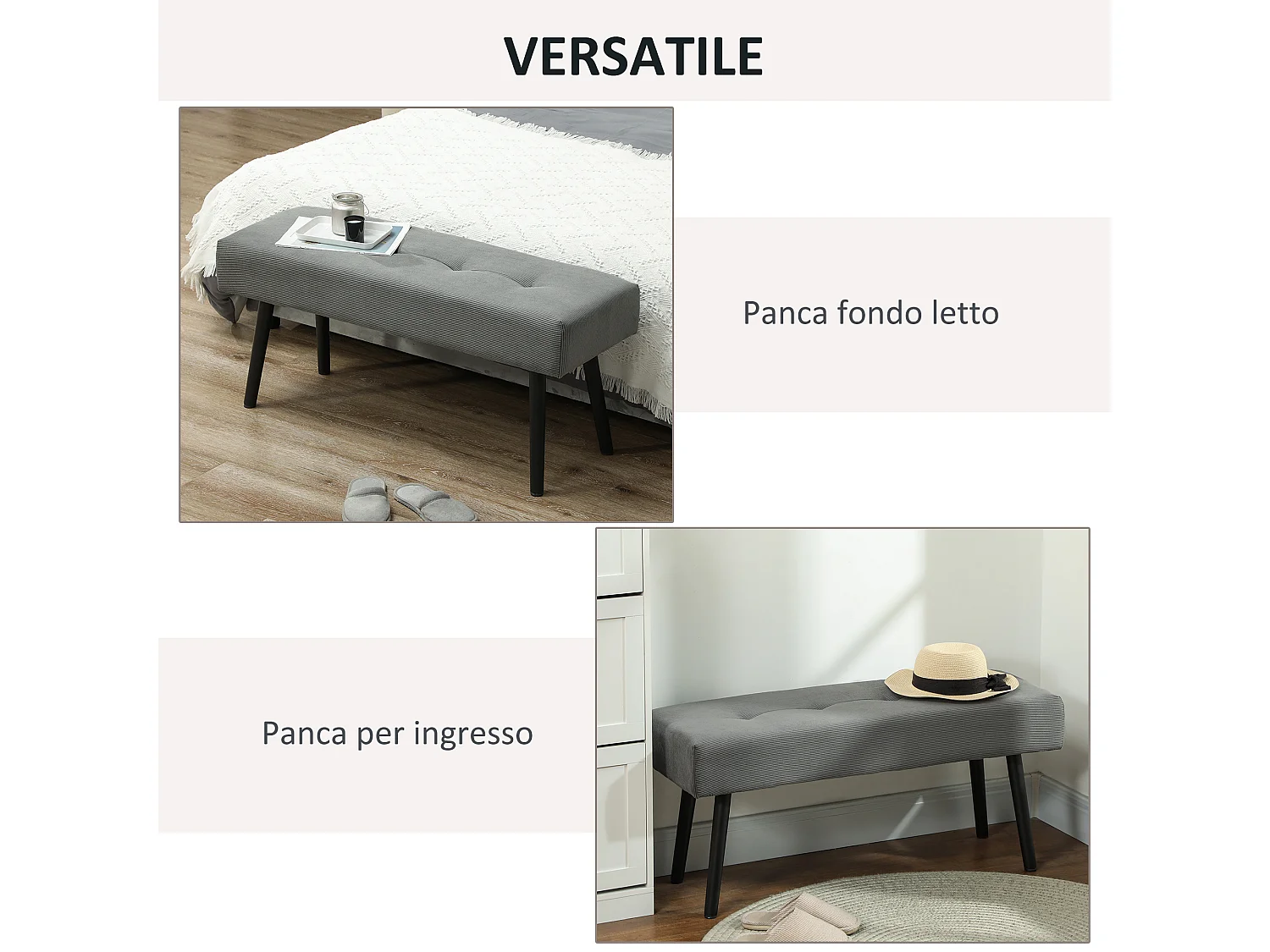 Panca fondo letto in tessuto vellutato a coste 100x36x45 cm grigio