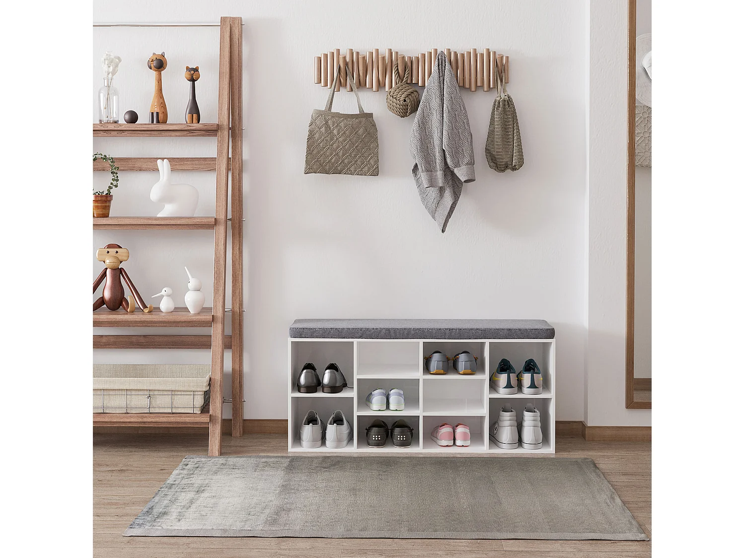 Panca scarpiera per 8-10 paia con ripiani regolabili in legno