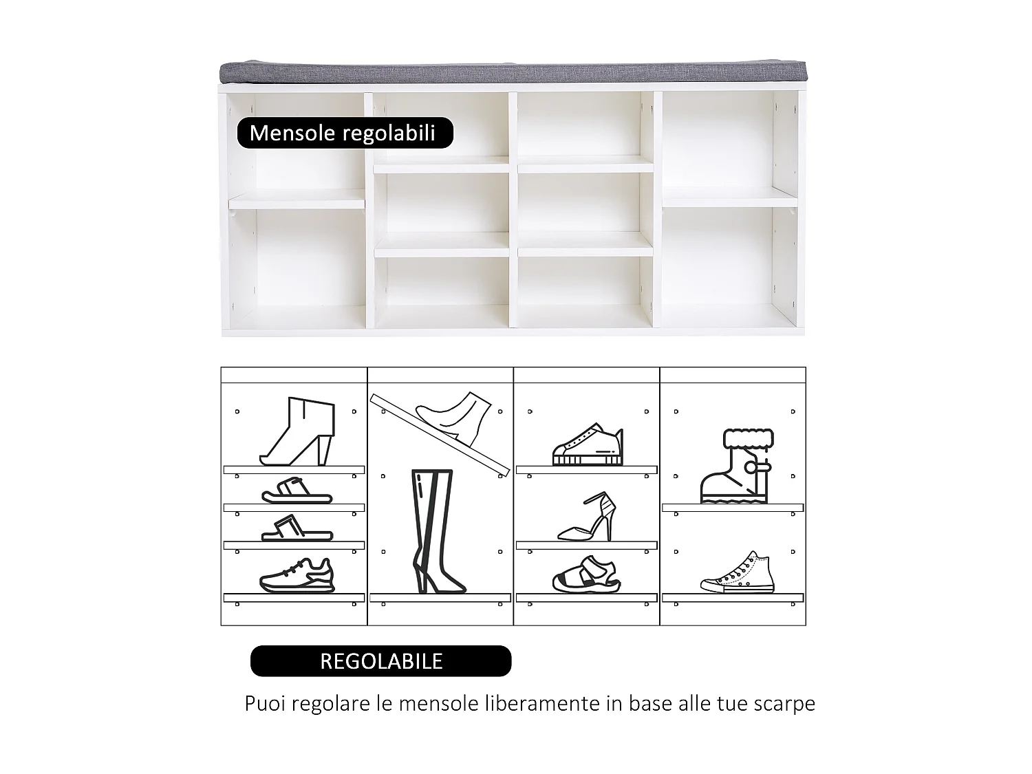 Panca scarpiera per 8-10 paia con ripiani regolabili in legno