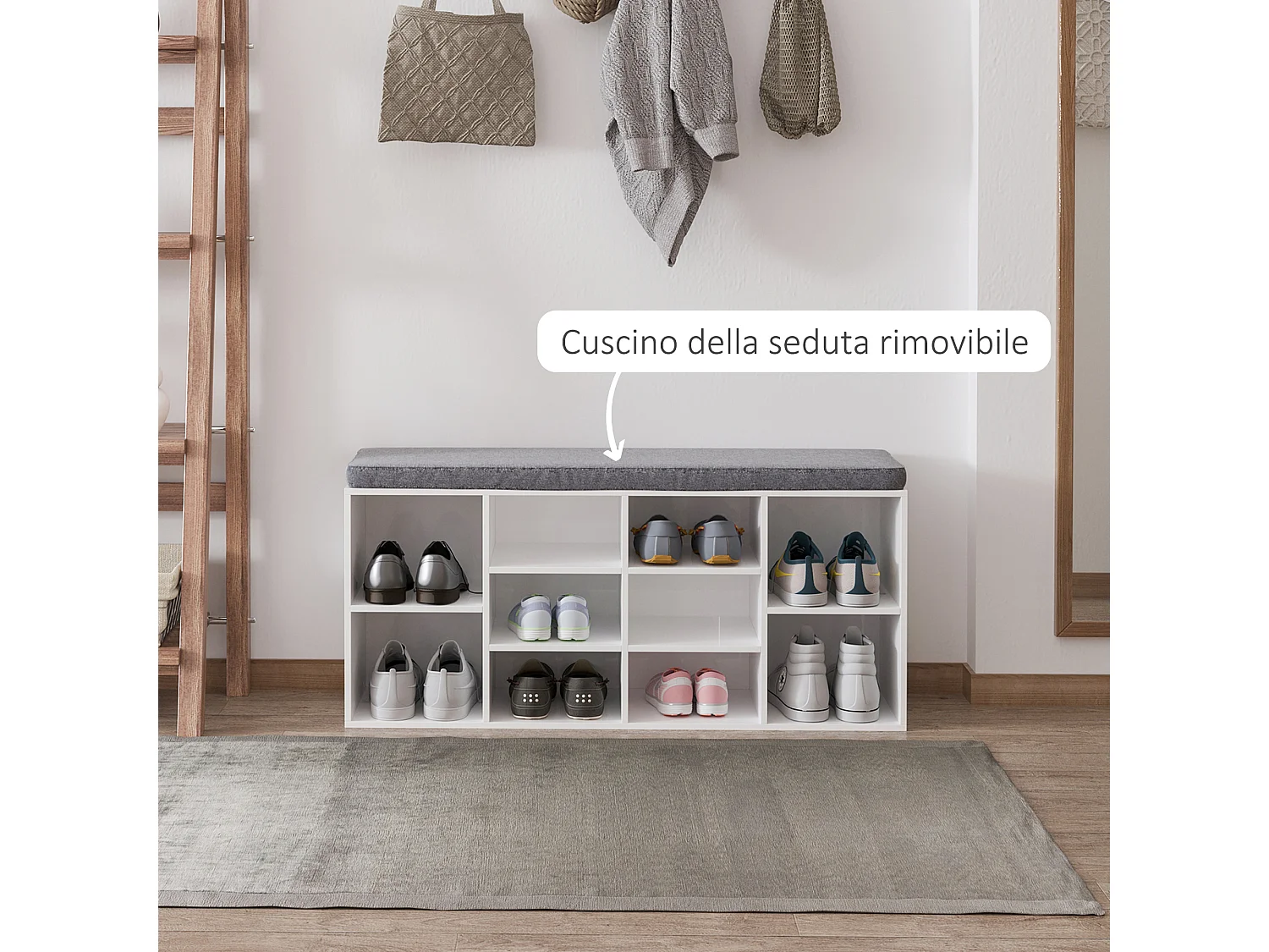 Panca scarpiera per 8-10 paia con ripiani regolabili in legno
