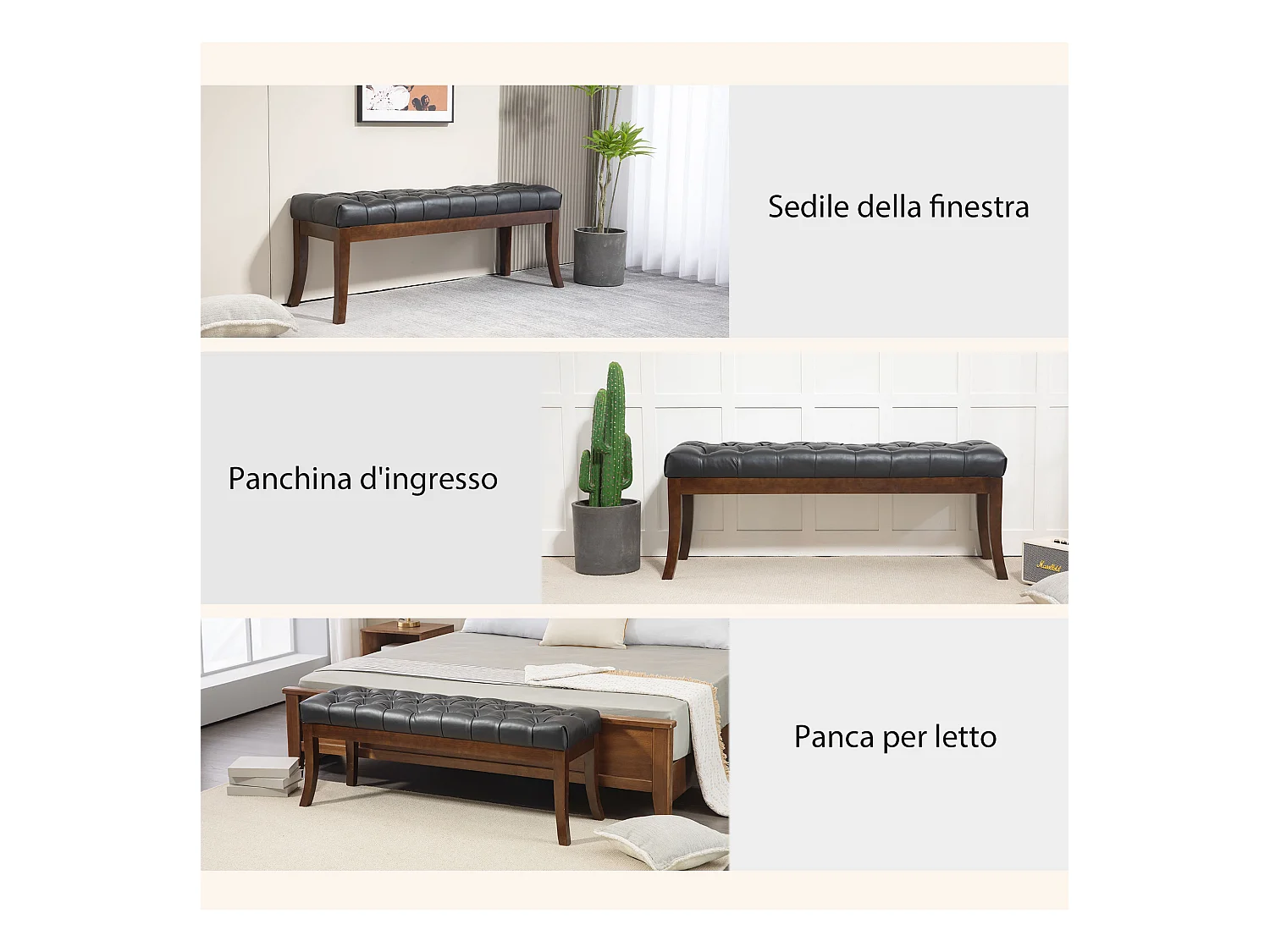 Panca fondo letto imbottita a bottoni con gambe ricurve nera