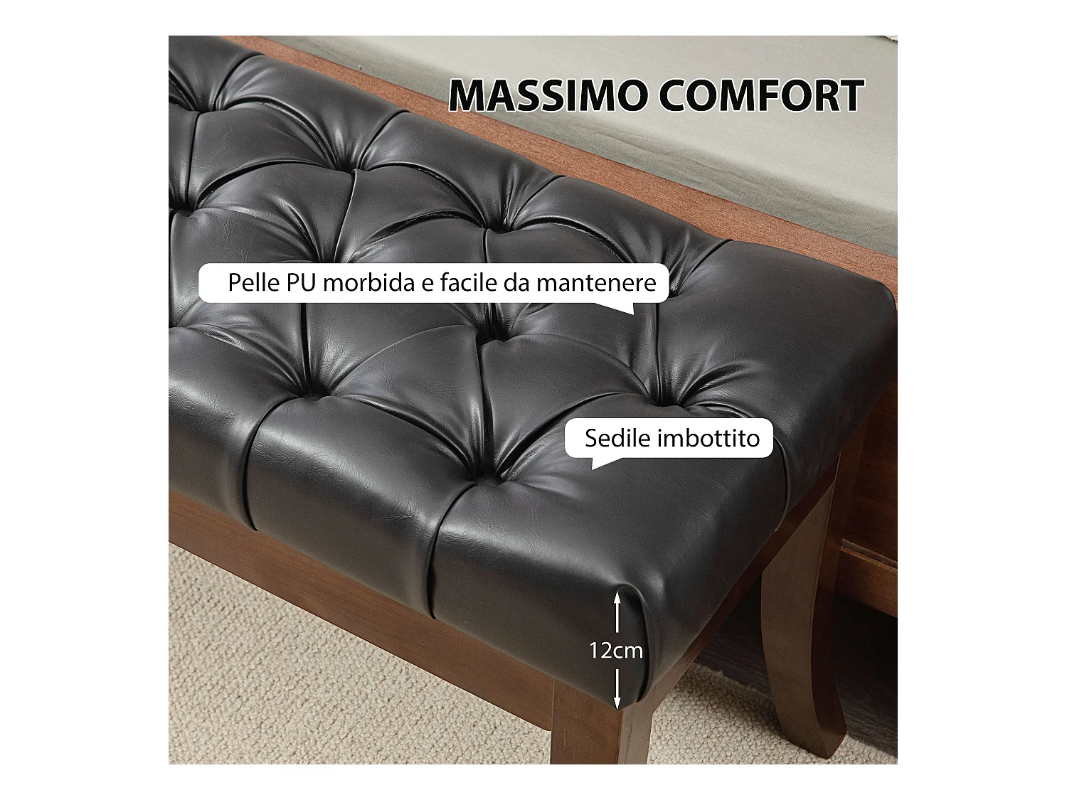 Panca fondo letto imbottita a bottoni con gambe ricurve nera