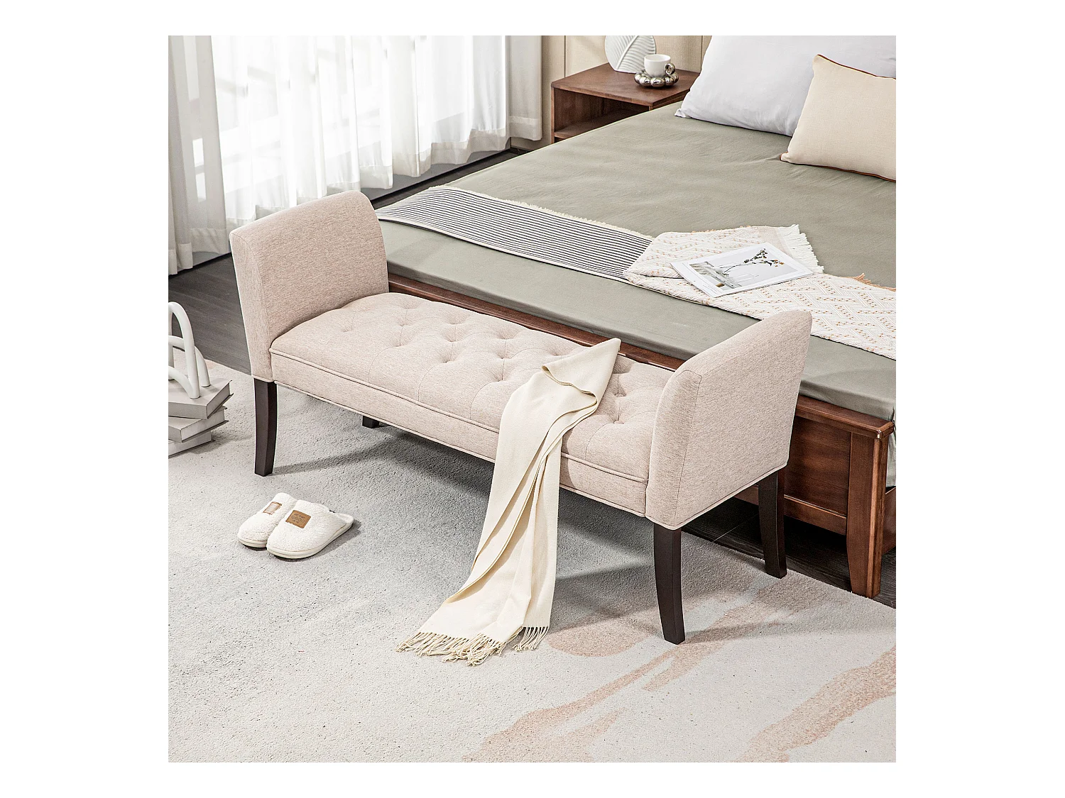 Panca fondo letto imbottita in poliestere e legno 141x44x65 cm beige