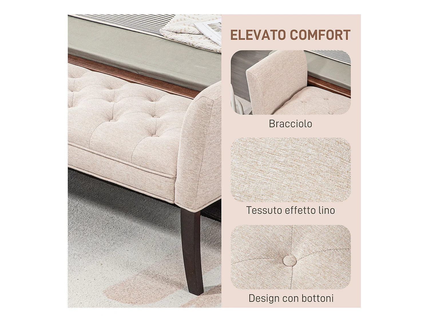 Panca fondo letto imbottita in poliestere e legno 141x44x65 cm beige