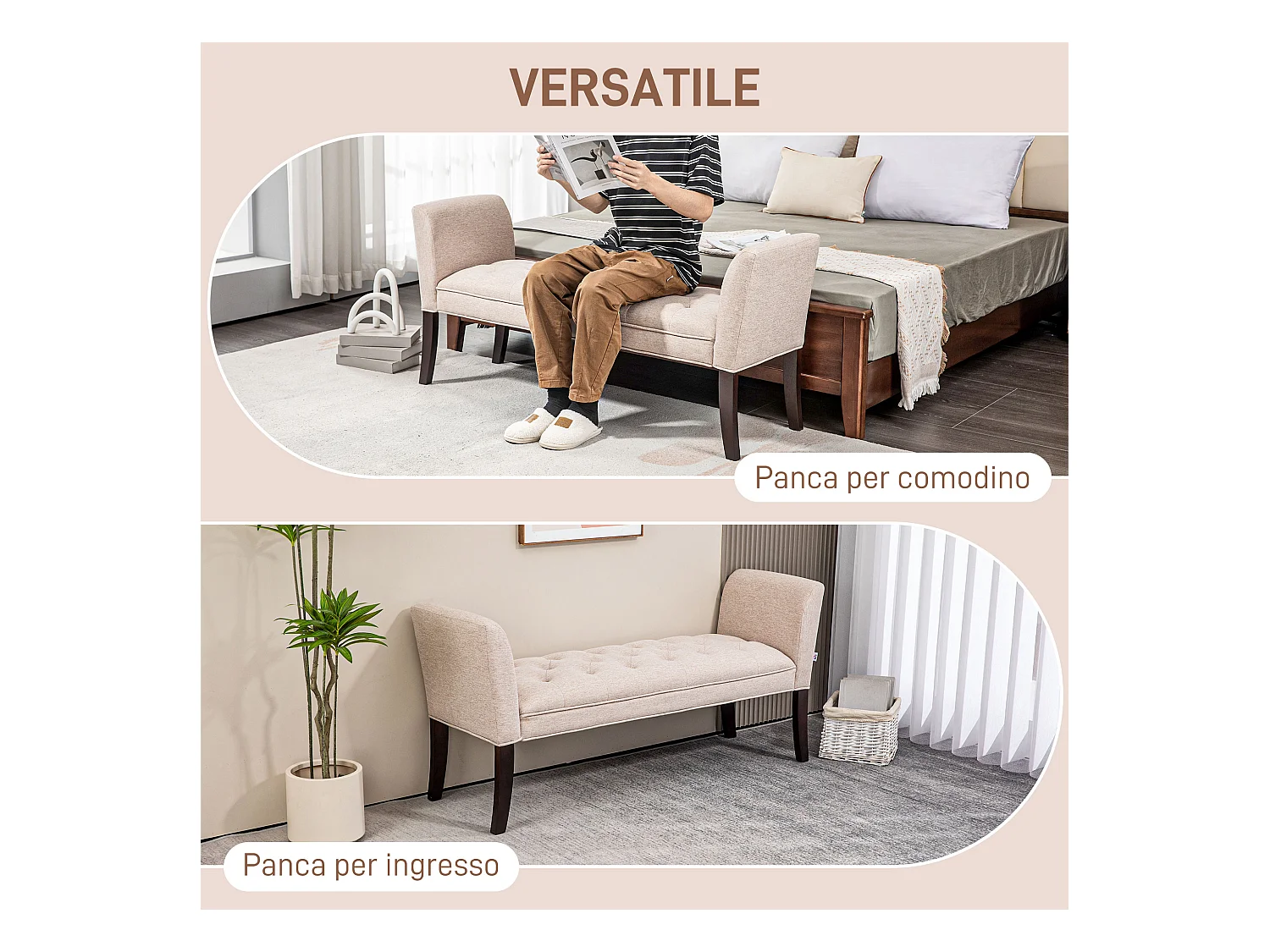 Panca fondo letto imbottita in poliestere e legno 141x44x65 cm beige