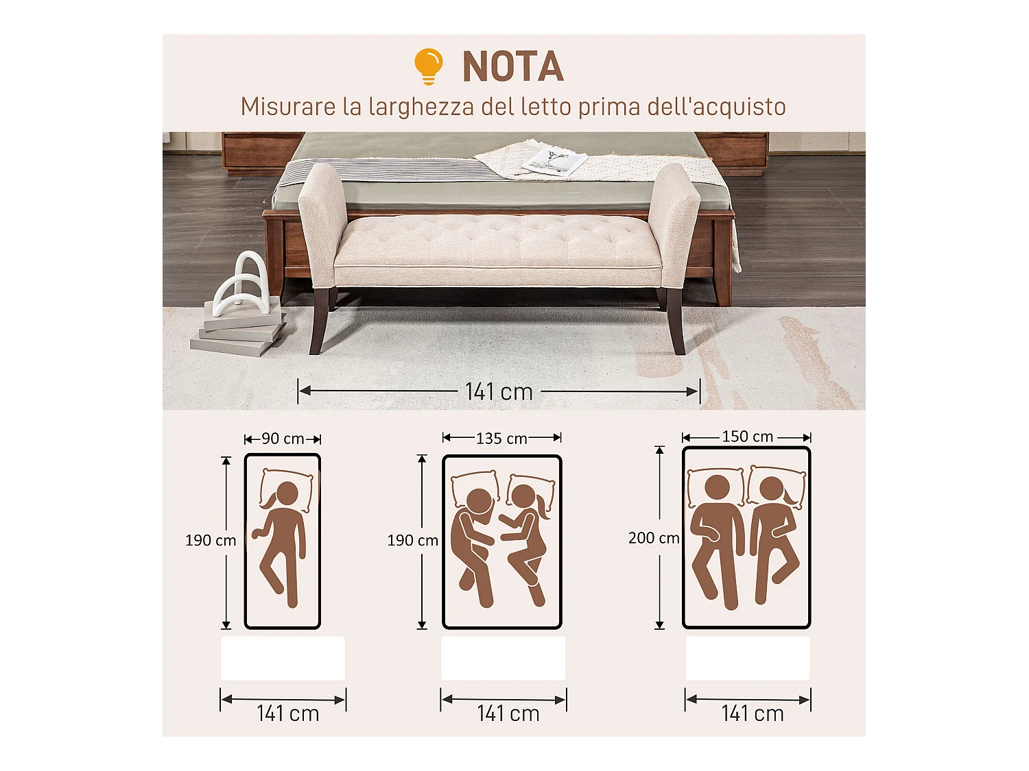 Panca fondo letto imbottita in poliestere e legno 141x44x65 cm beige