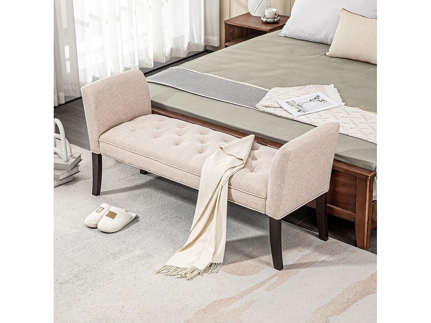 Panca fondo letto imbottita in poliestere e legno 141x44x65 cm beige