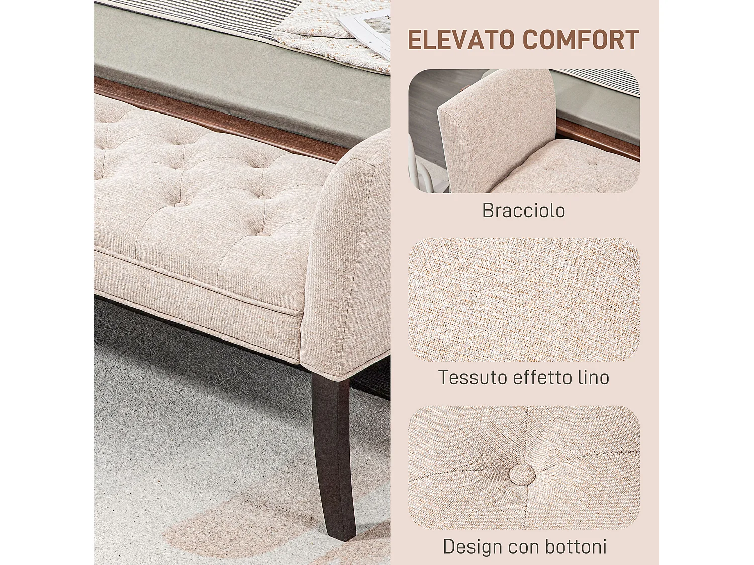 Panca fondo letto imbottita in poliestere e legno 141x44x65 cm beige