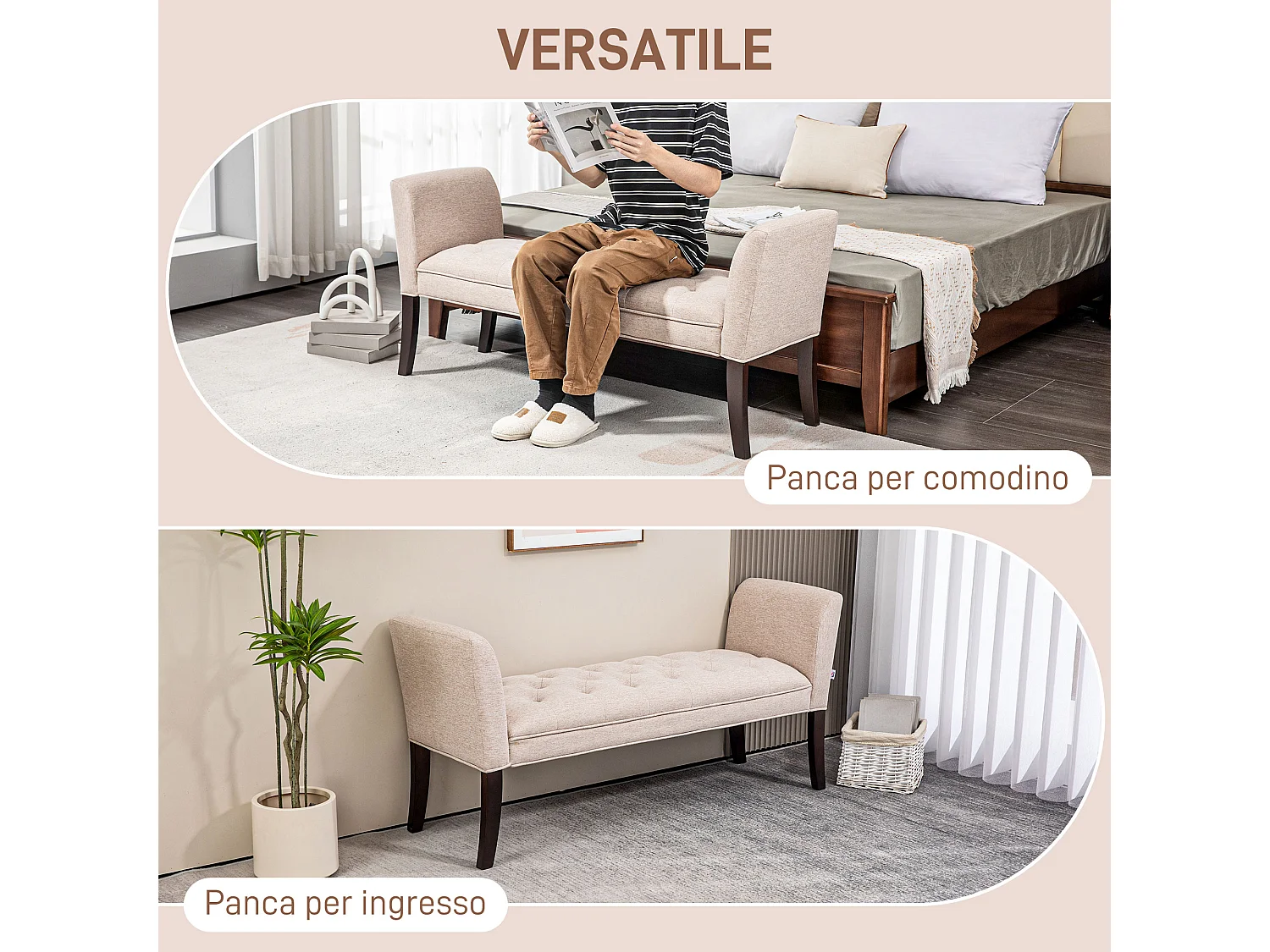 Panca fondo letto imbottita in poliestere e legno 141x44x65 cm beige