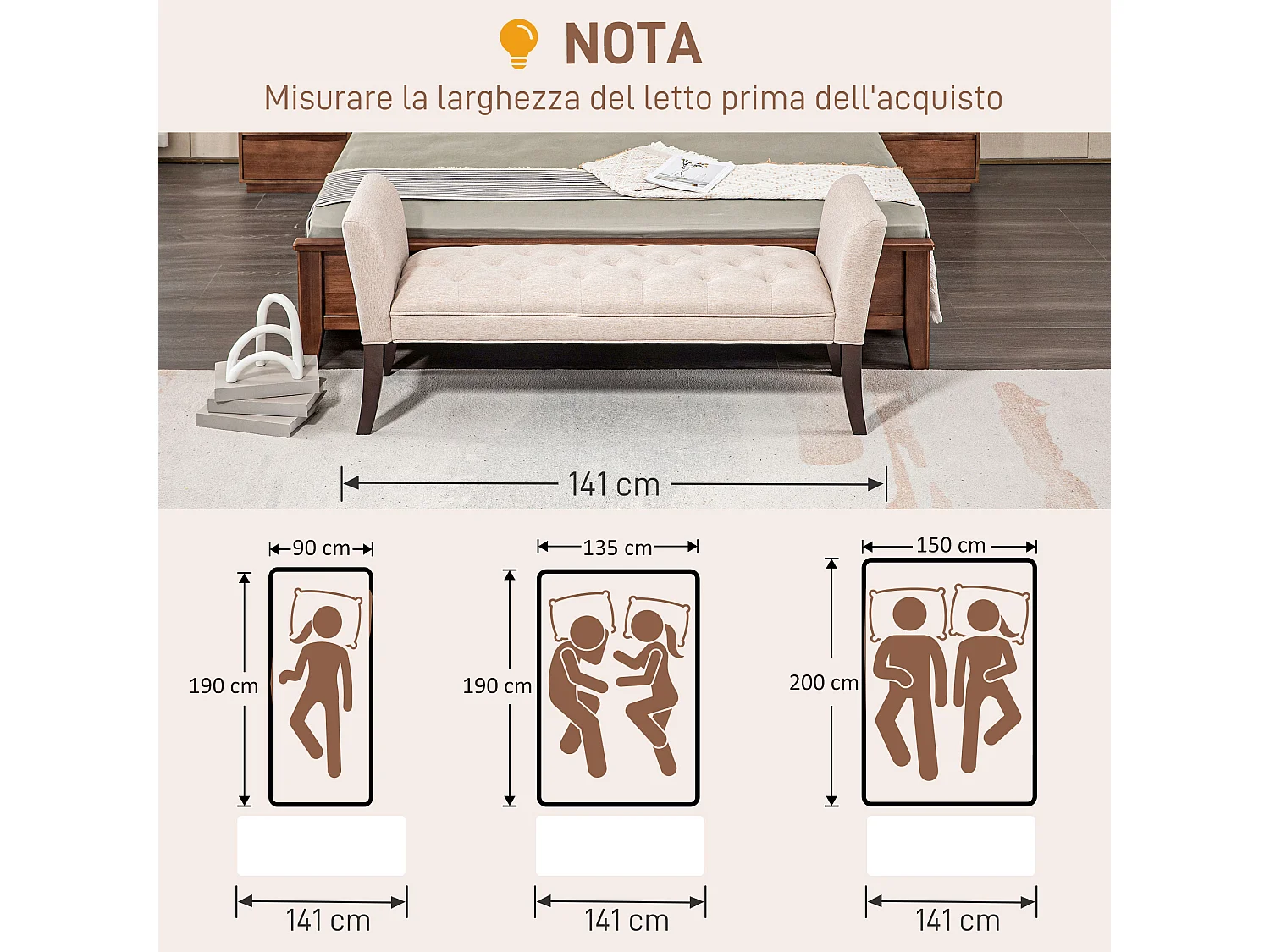 Panca fondo letto imbottita in poliestere e legno 141x44x65 cm beige