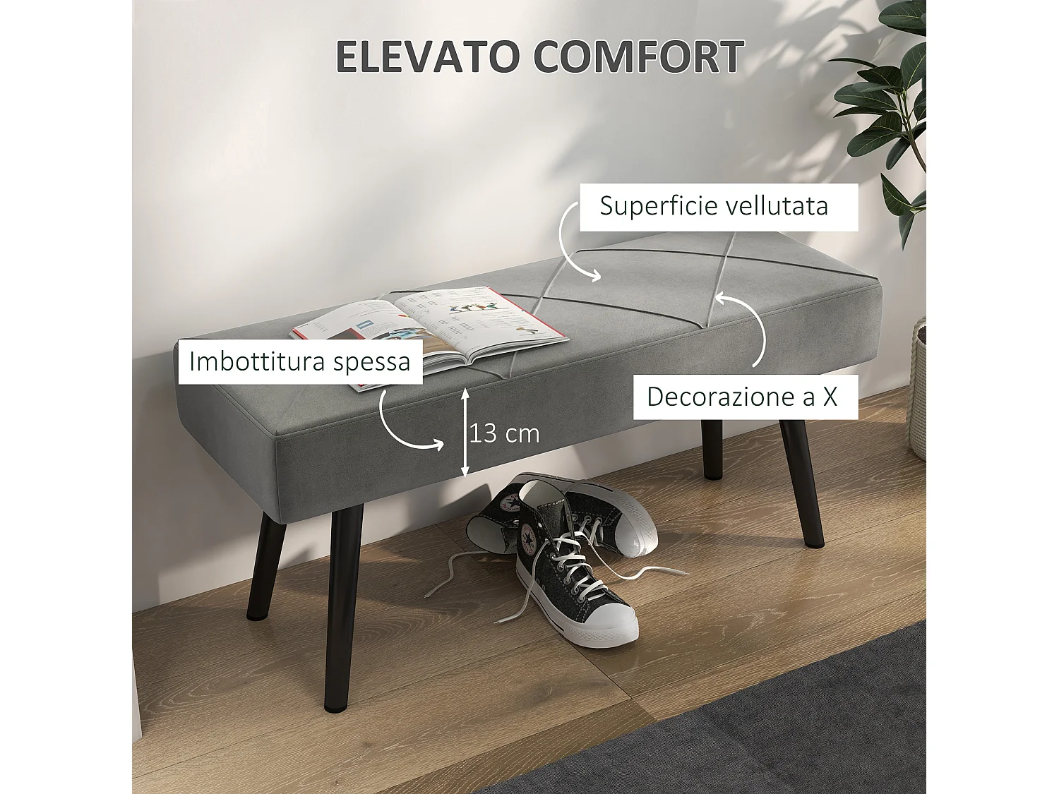 Panca fondoletto imbottita in velluto e acciaio grigio