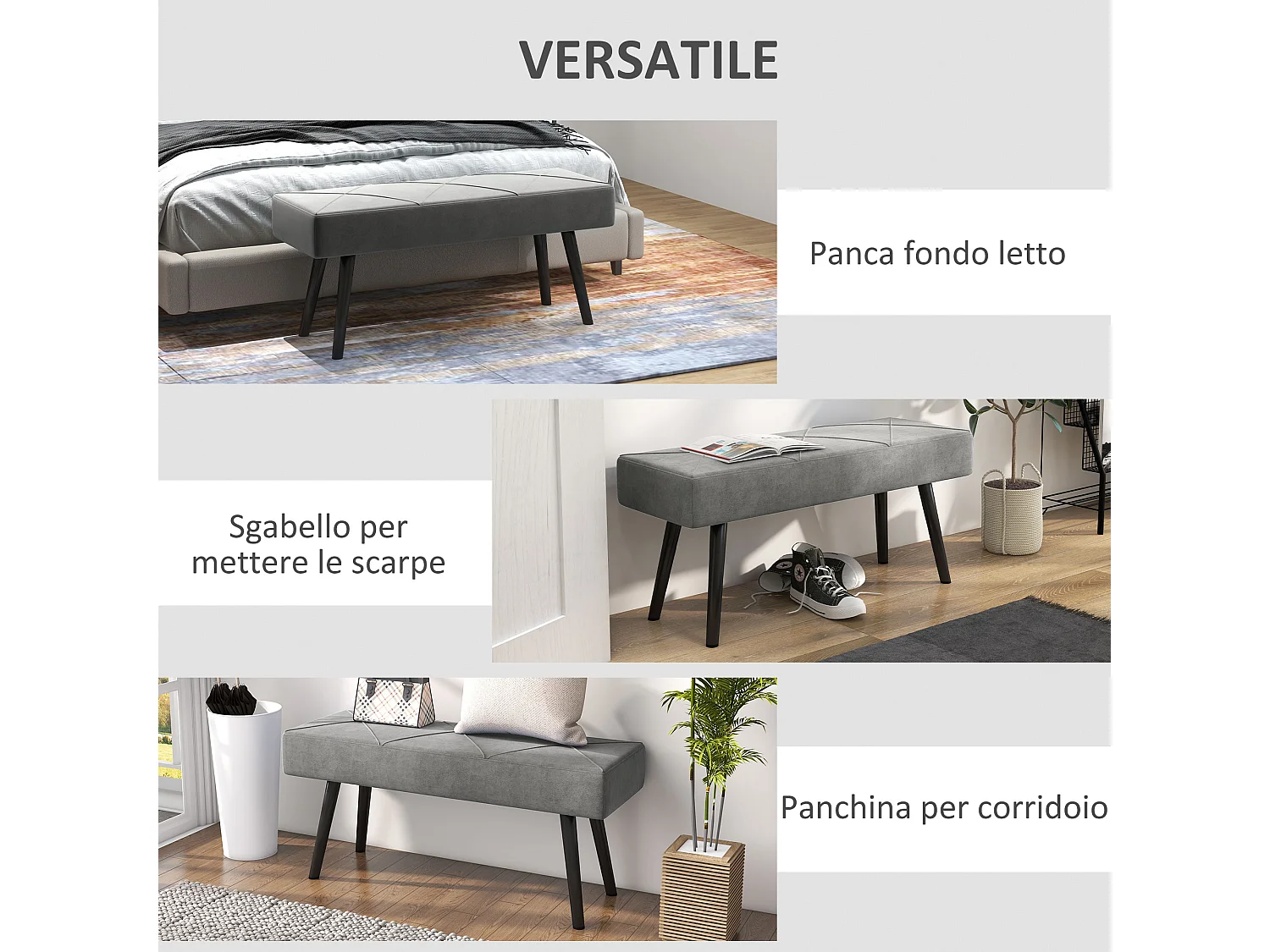 Panca fondoletto imbottita in velluto e acciaio grigio