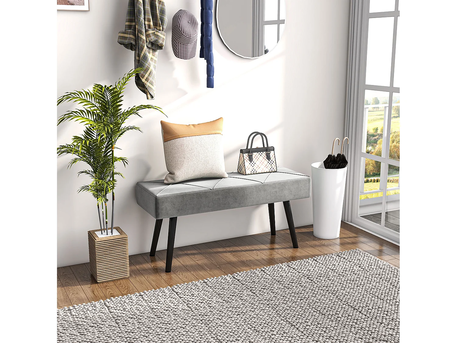 Panca fondoletto imbottita in velluto e acciaio grigio