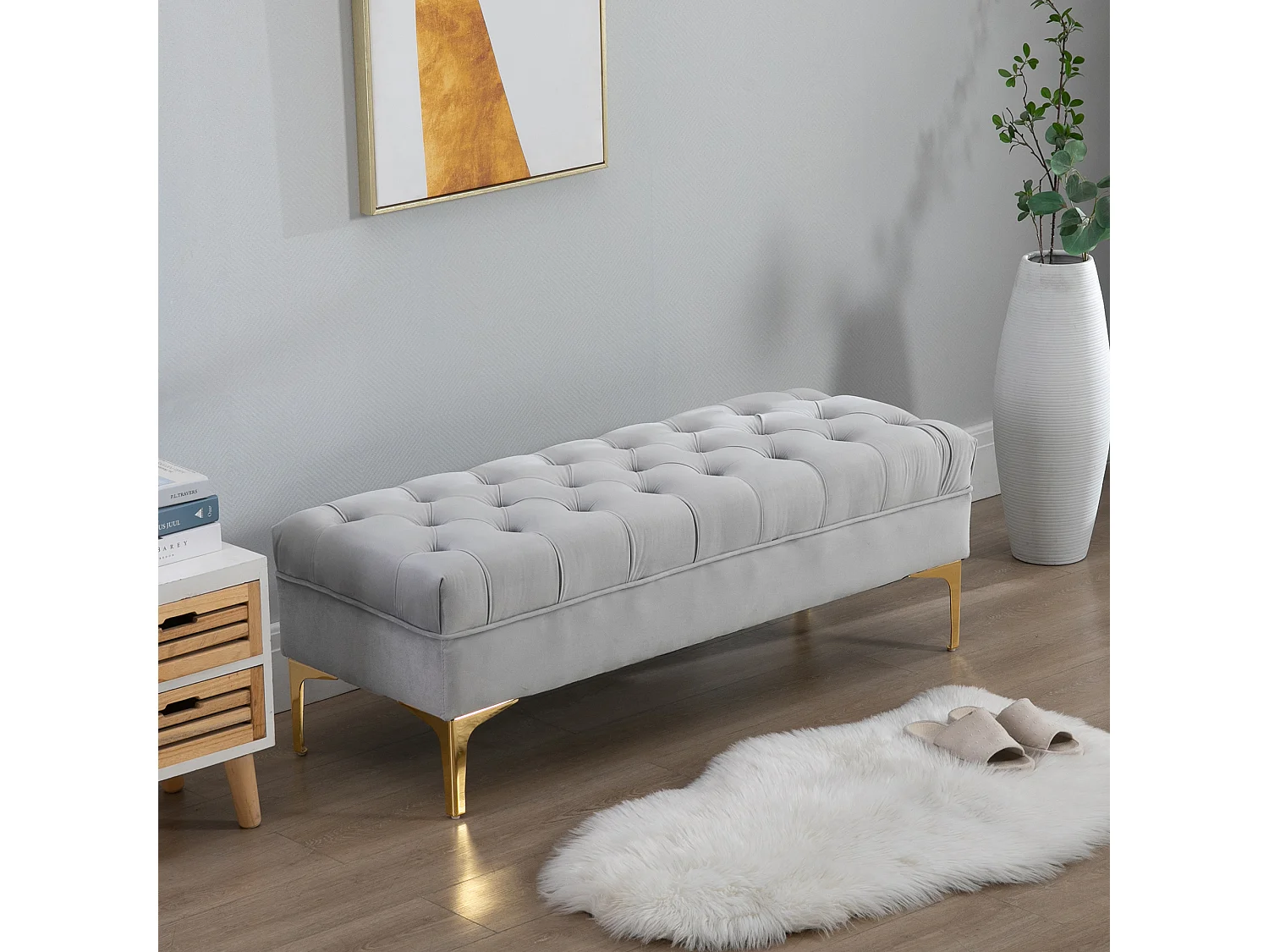 Panca imbottita fondoletto in tessuto vellutato grigio