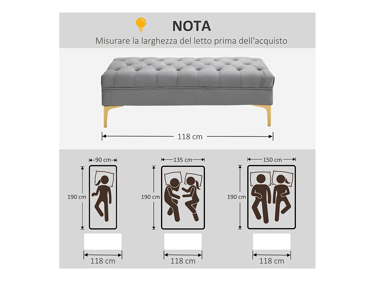 Panca imbottita fondoletto in tessuto vellutato grigio