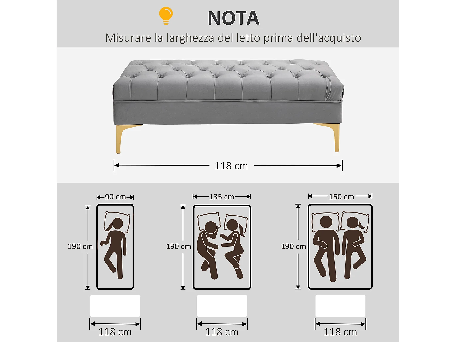 Panca imbottita fondoletto in tessuto vellutato grigio