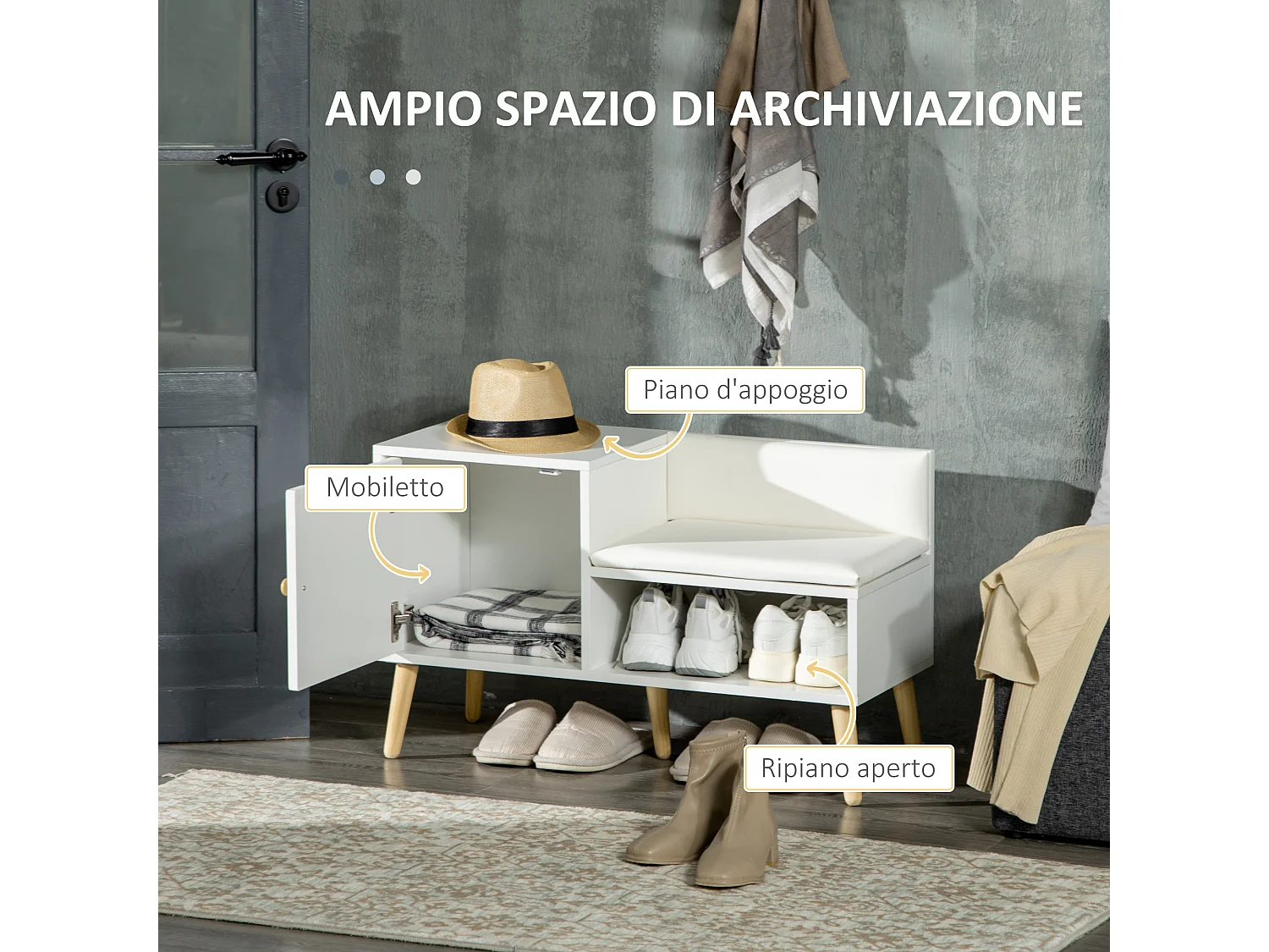 Scarpiera con panca imbottita e armadietto per 4 paia scarpe bianco