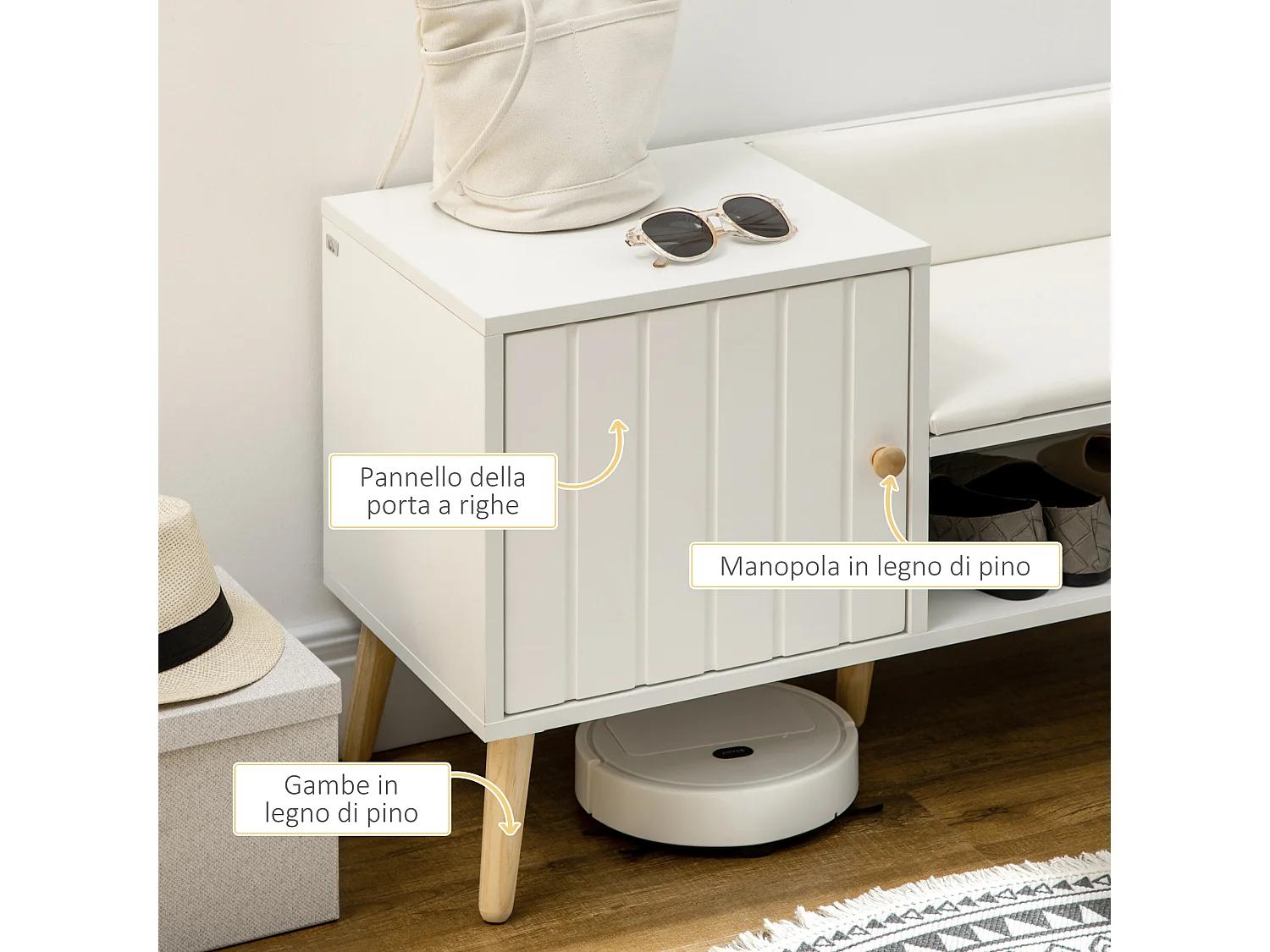 Scarpiera con panca imbottita e armadietto per 4 paia scarpe bianco