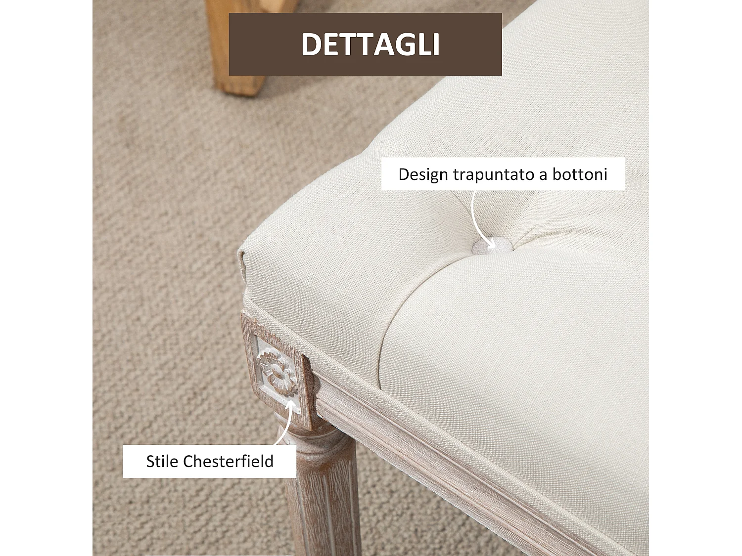 Panca imbottita con rivestimento in tessuto e gambe in legno