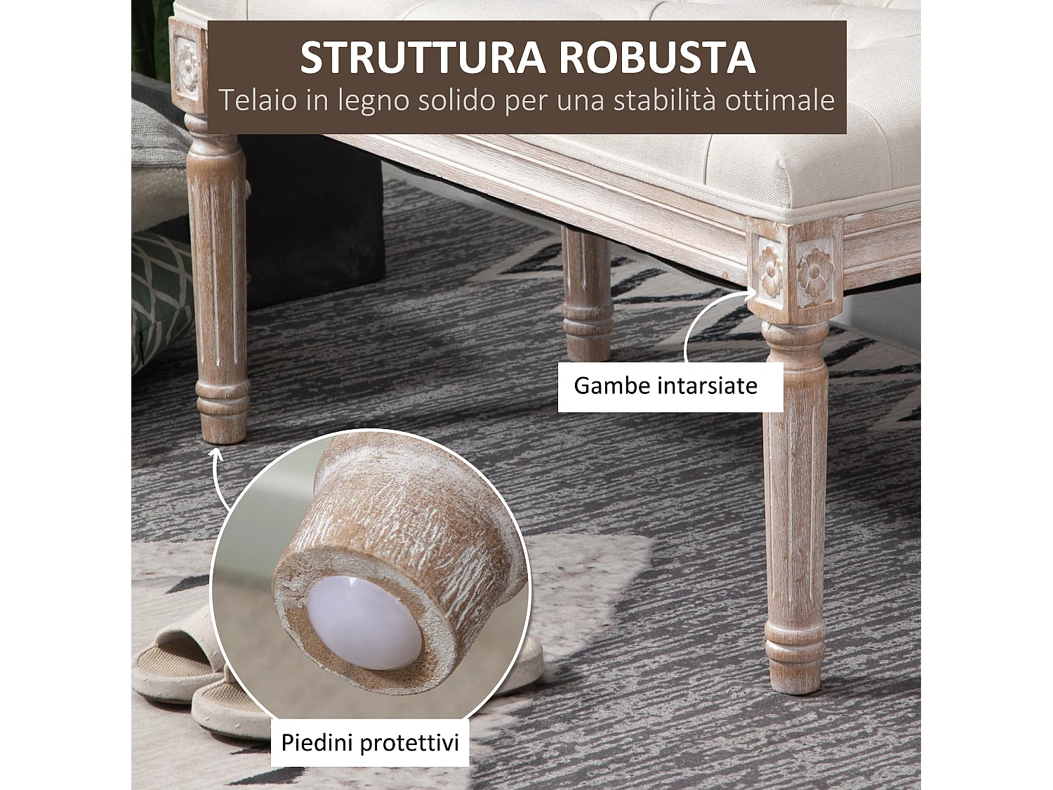 Panca imbottita con rivestimento in tessuto e gambe in legno