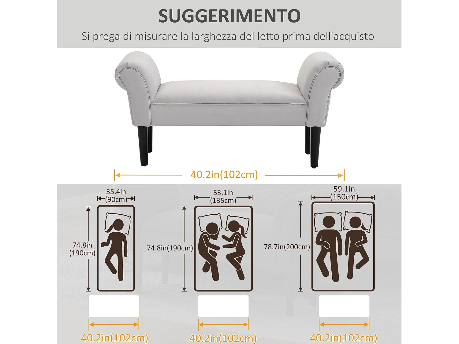 Panca fondo letto imbottita con braccioli arrotolati grigia