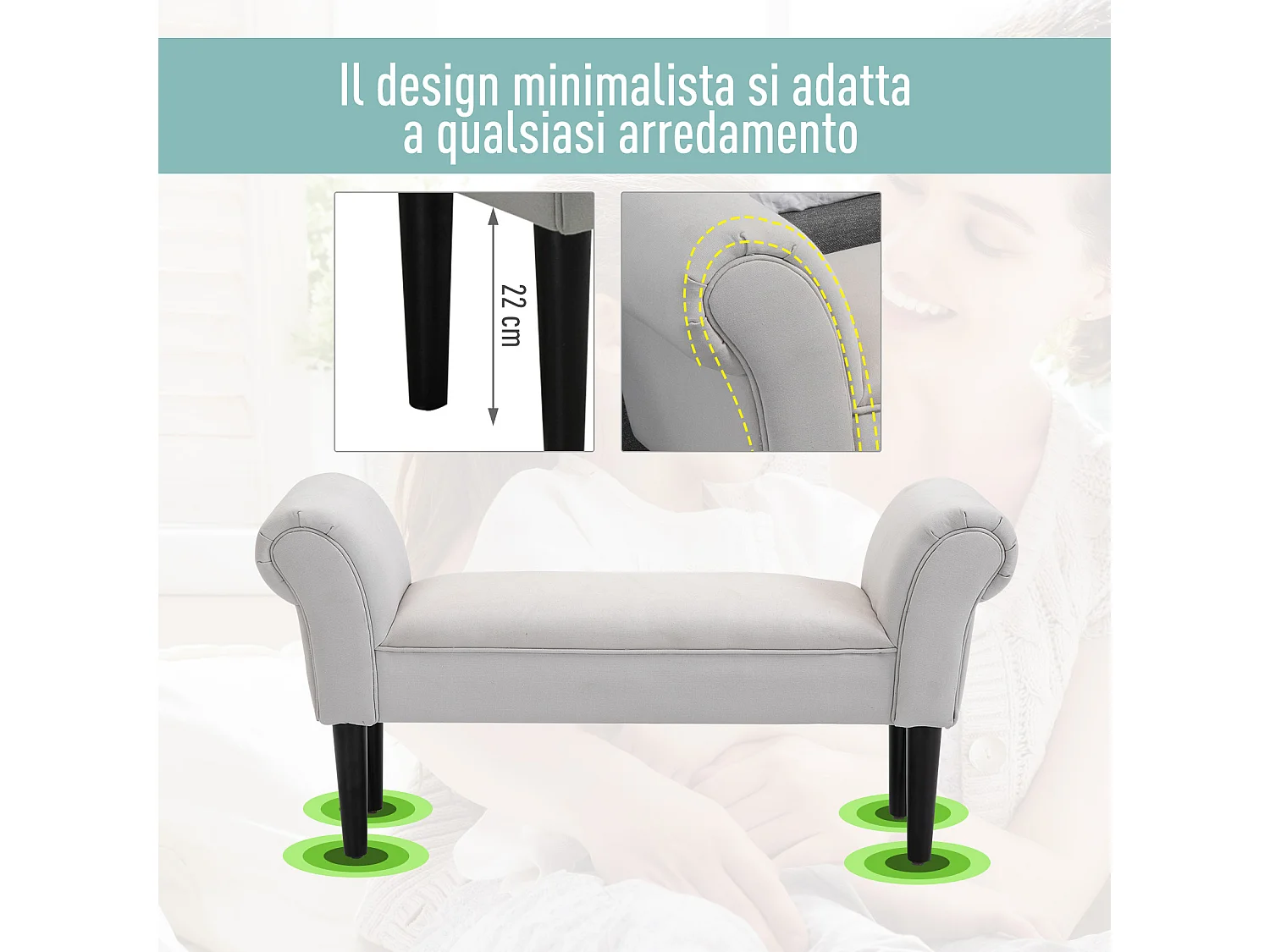 Panca fondo letto imbottita con braccioli arrotolati grigia