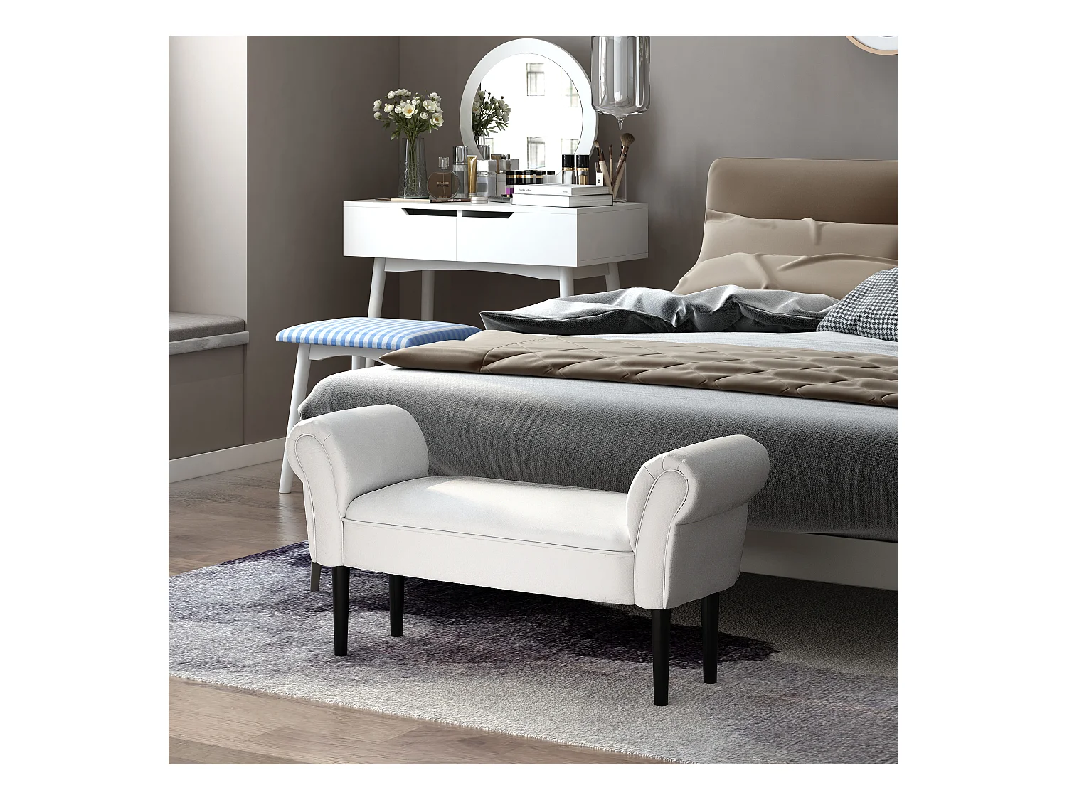 Panca fondo letto imbottita con braccioli arrotolati bianco